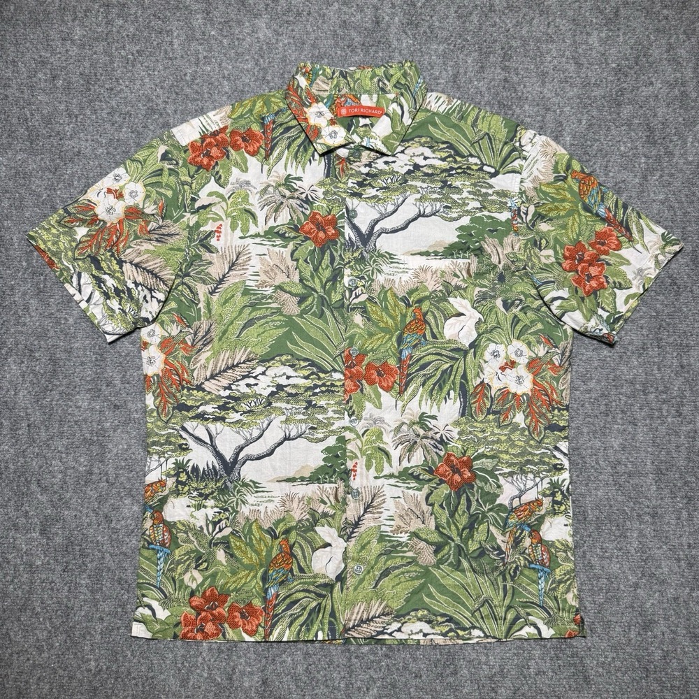 Tori Richard Cotton Lawn Button Up Men Medium Hawaii Safari Floral Print Green